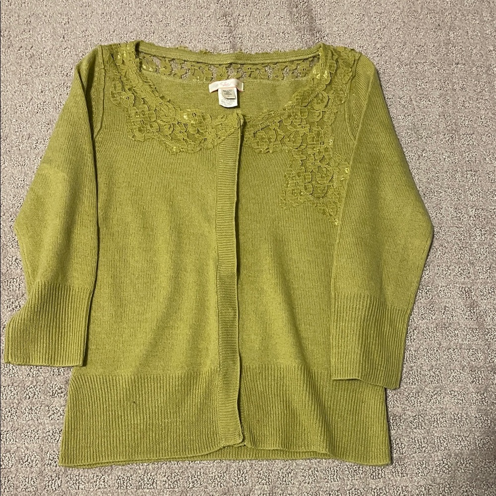 Lux Olive Green Crochet-Trim Open Cardigan